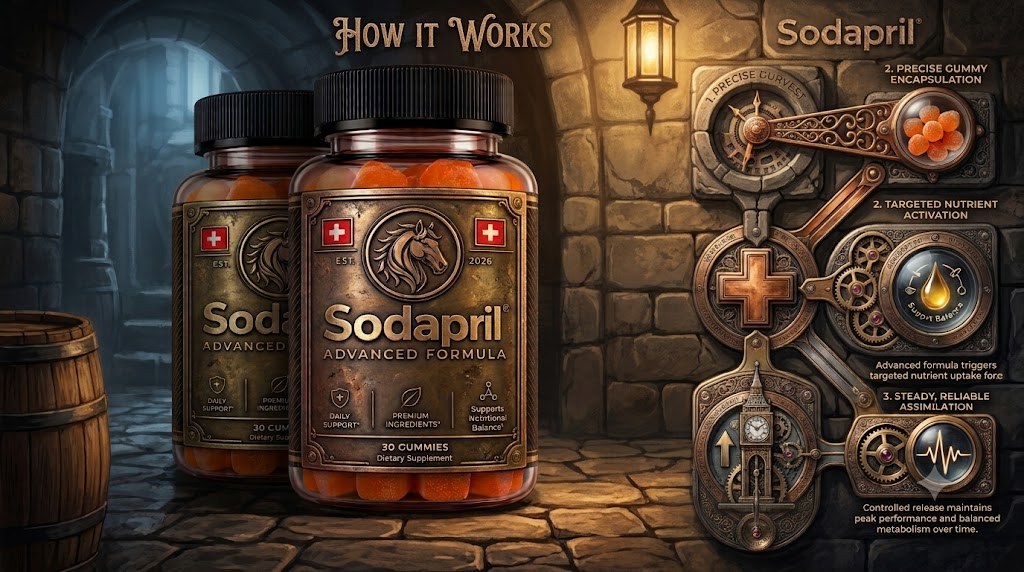 Sodapril Advanced Formula bottle beside the brand three-step how it works graphic