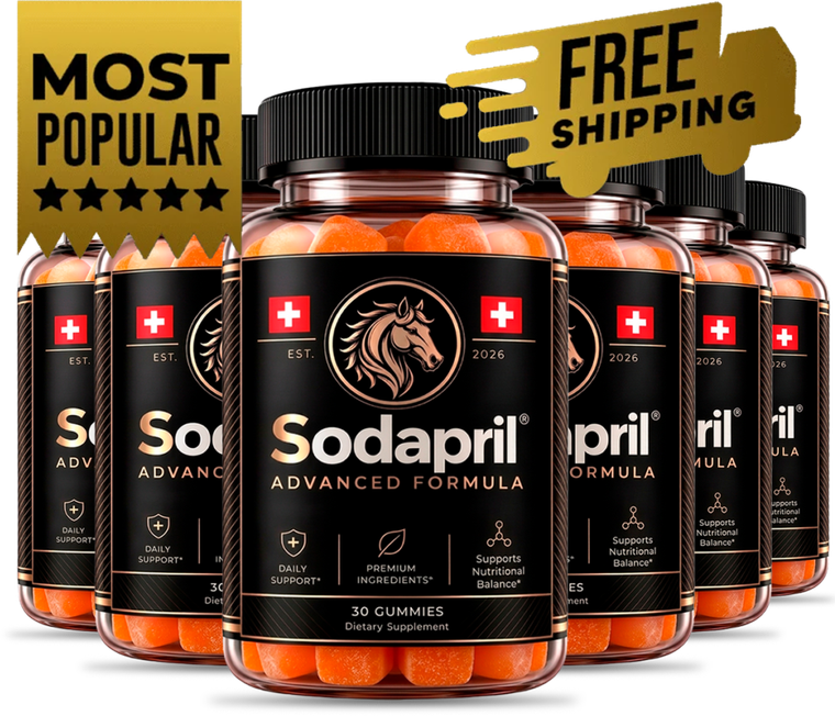 Six bottles of Sodapril gummies with the brand Most Popular and Free Shipping tags